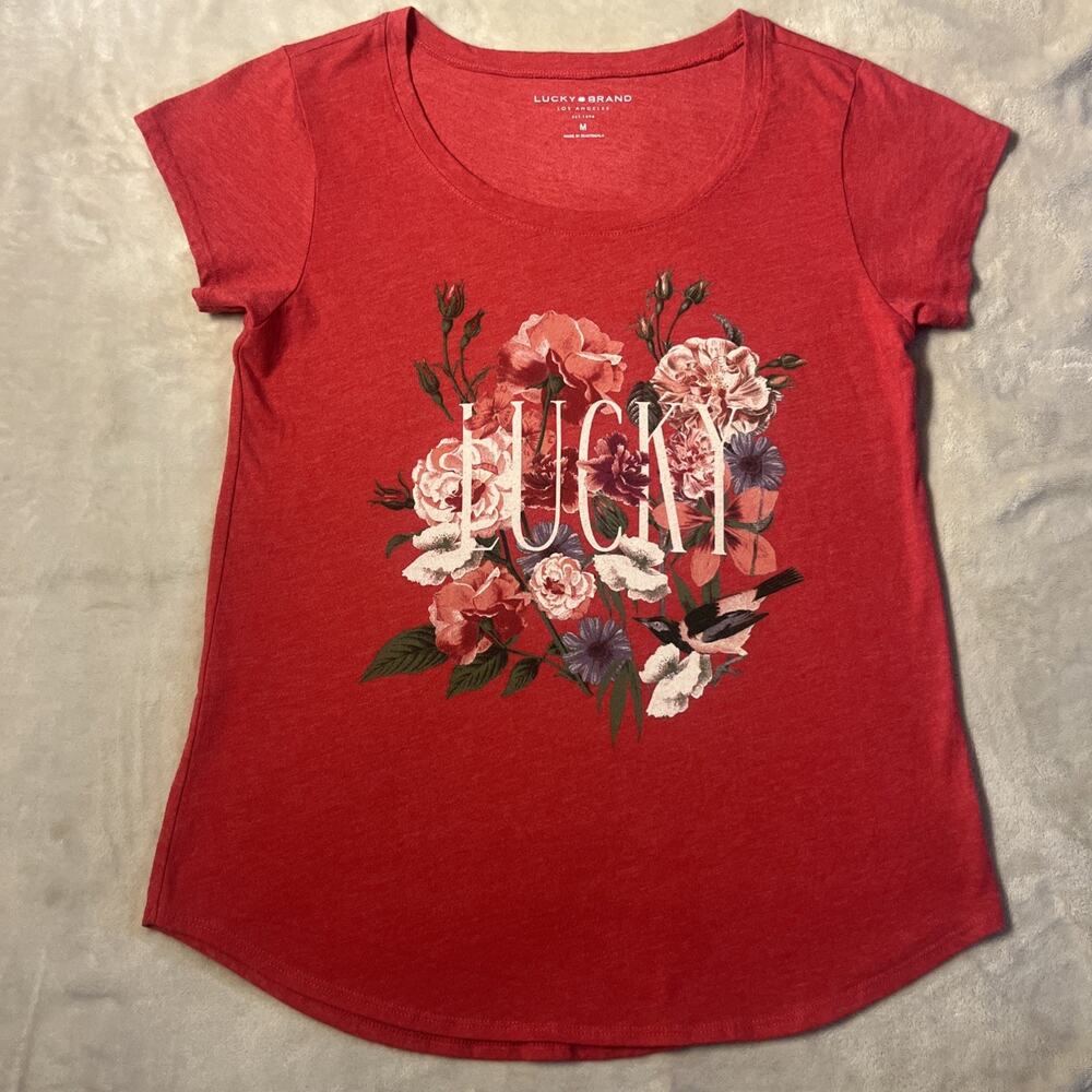 Lucky Brand Short Sleeve T-shirt Top Cotton Blend Red Floral Women's Medium